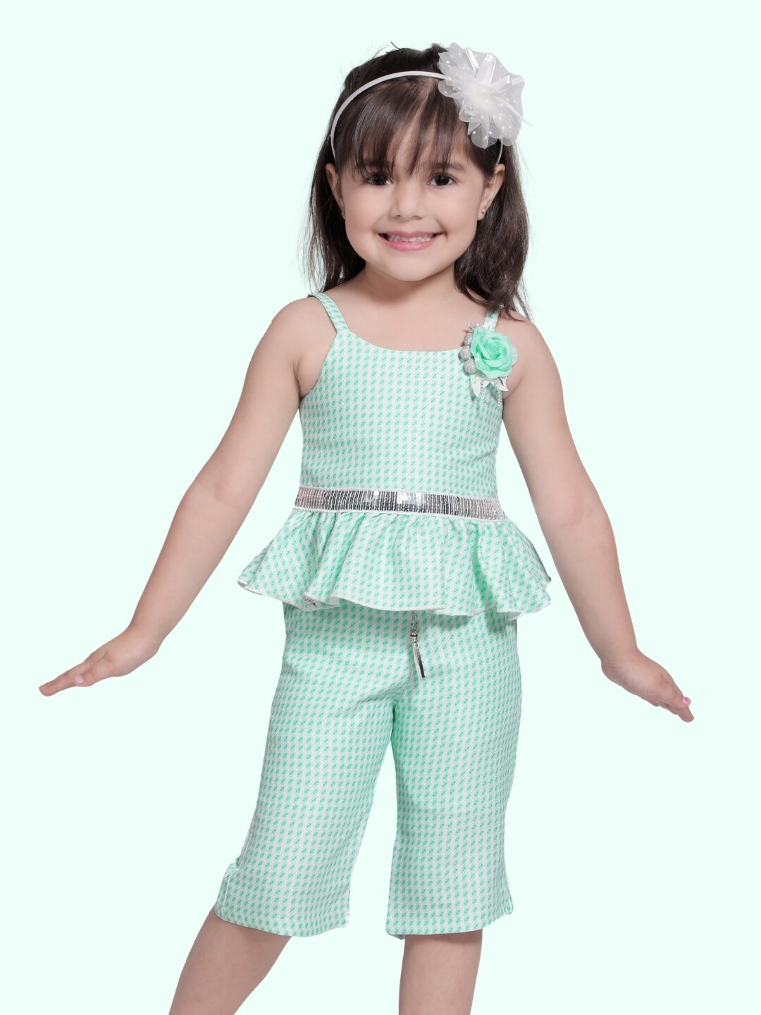 

Little Dolly Girls Checked Shoulder Straps Sequined Peplum Dress, Sea green