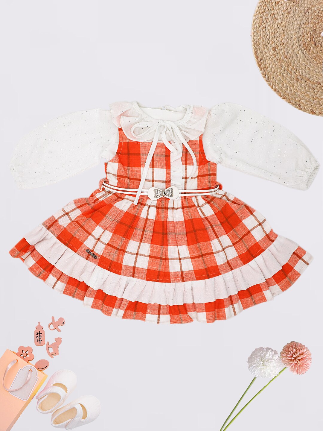 

Little Dolly Infant Girls Checked Pure Cotton Fit & Flared Dress, Orange