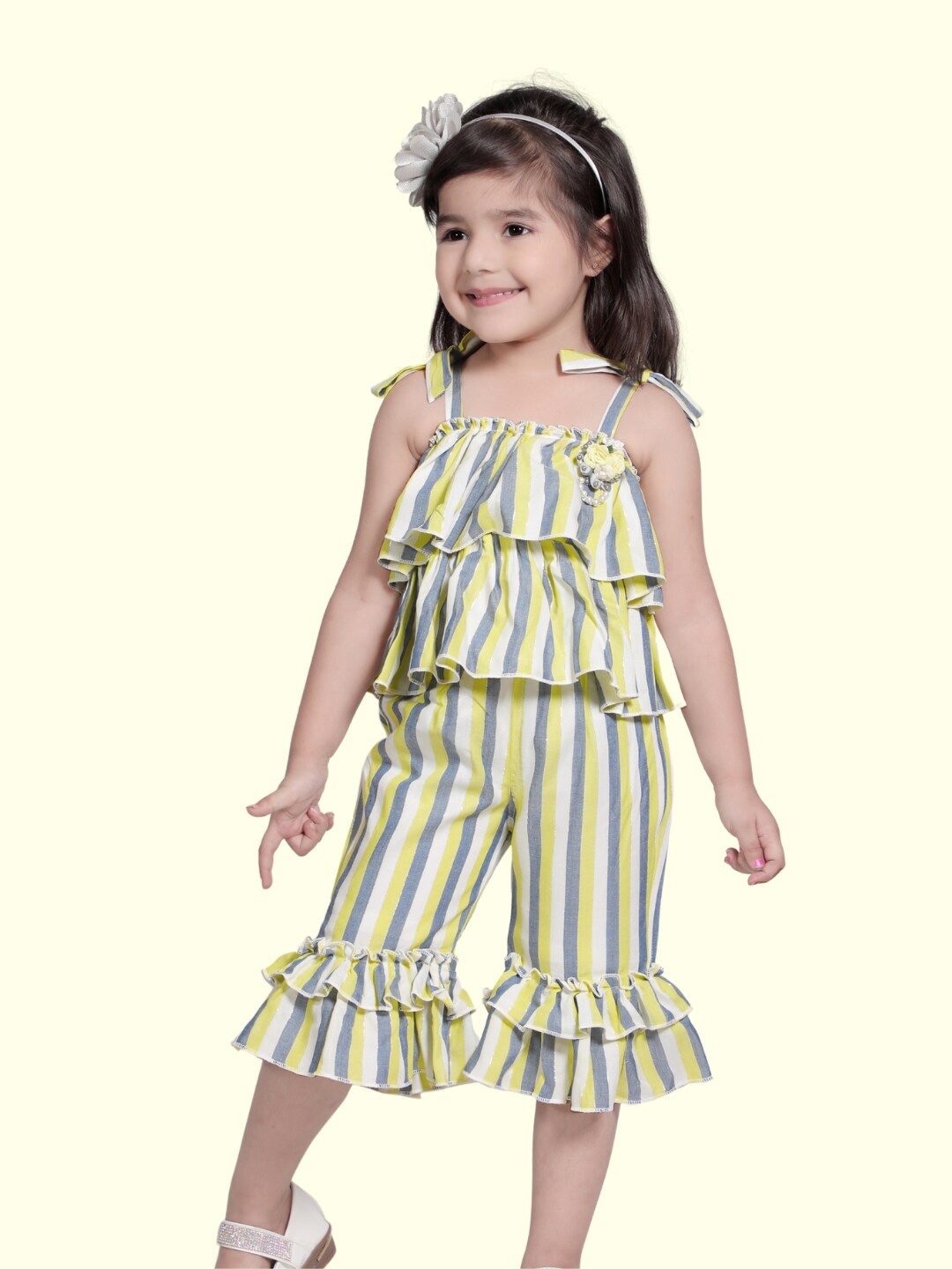 

Little Dolly Girls Striped Shoulder Straps Cotton Ruffled A-Line Dress, Peach