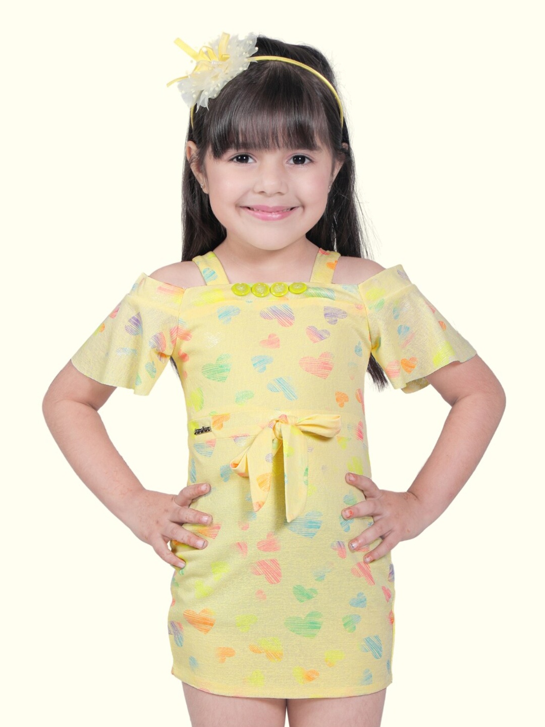 Little Dolly Girls Linen Printed Capri Jumpsuit, Yellow