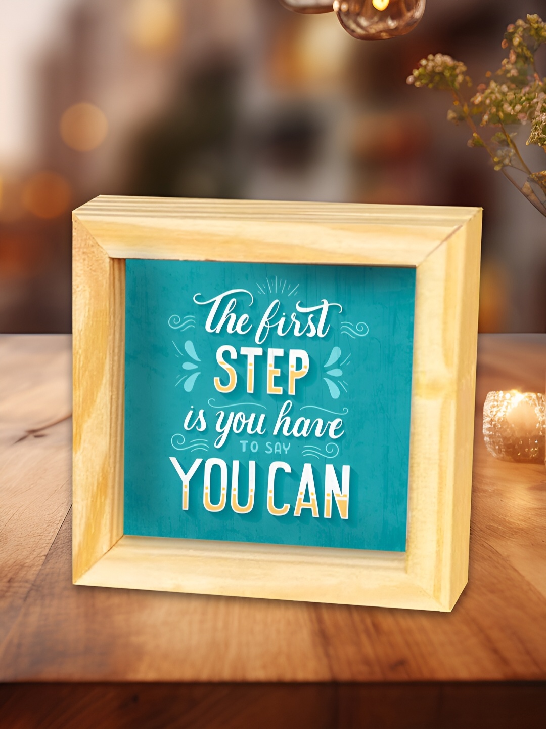 

ArtVibes Blue & Beige The First Step is Quotes Printed Wooden Decor Showpiece