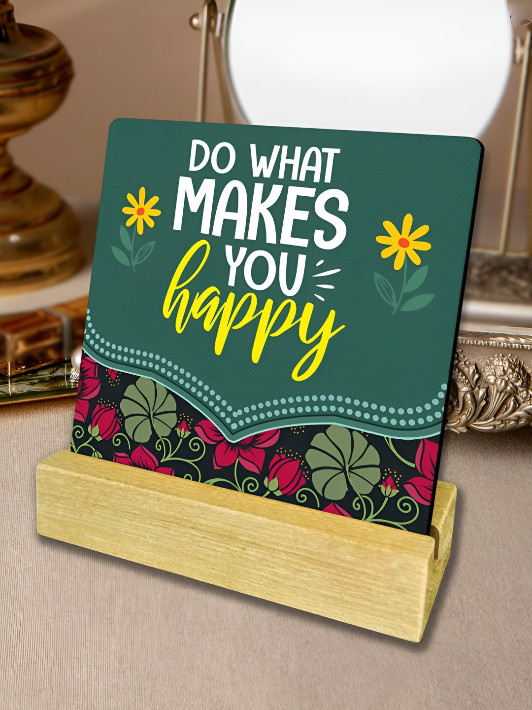 

ArtVibes Green & White Quotes Printed Wooden Decor Showpiece