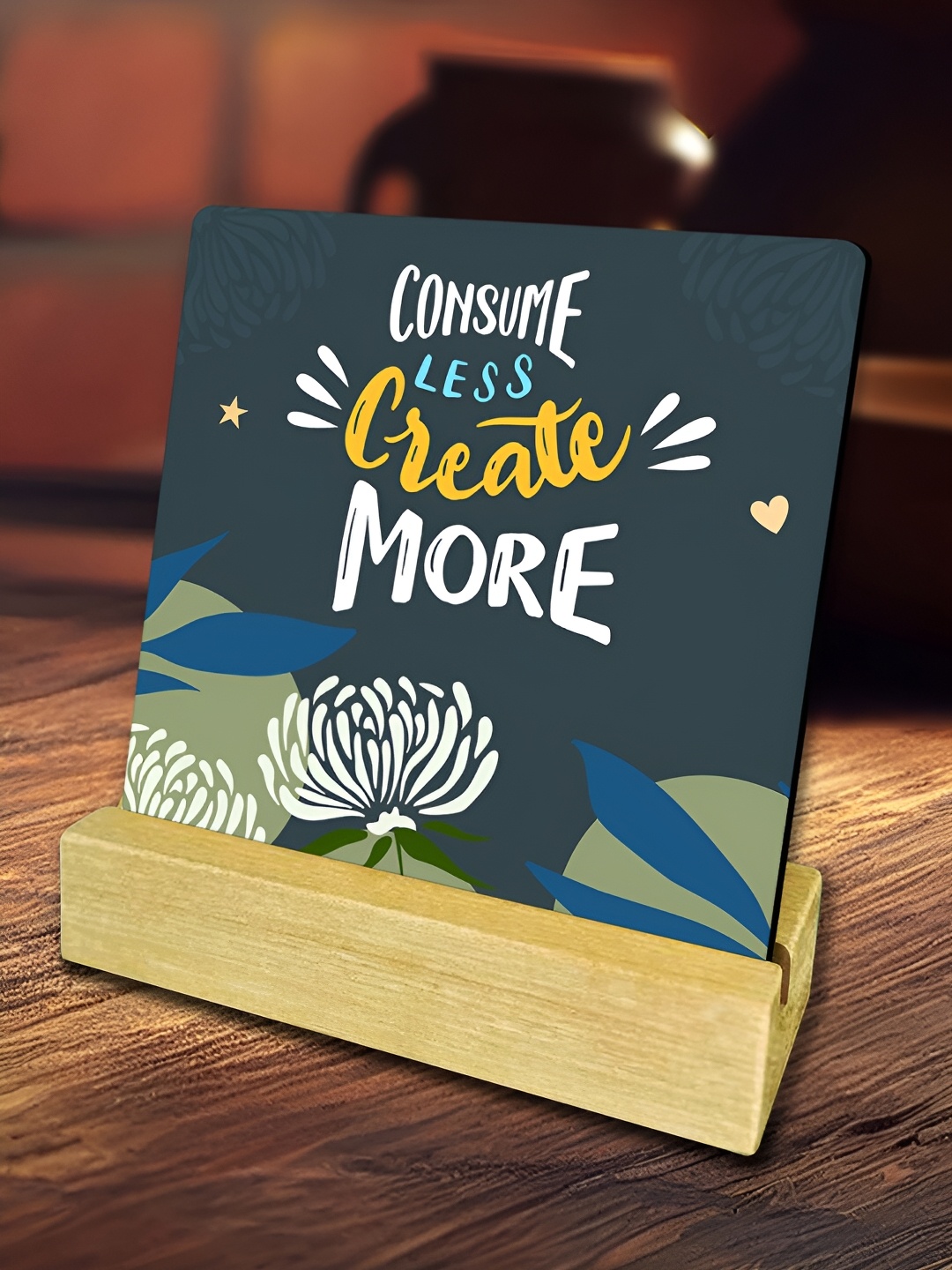 

ArtVibes Blue & White Consume Less Create More Quote Printed Wooden Decor Showpiece