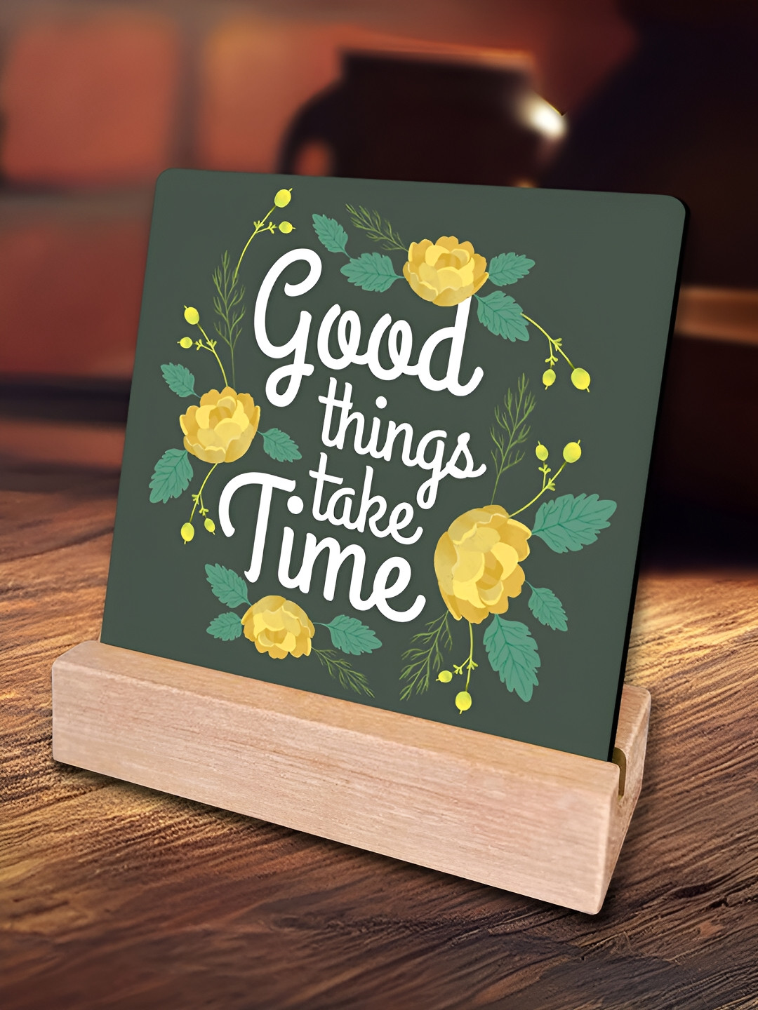 

ArtVibes Green & White Good Things Take Time Quotes Printed Wooden Decor Showpiece