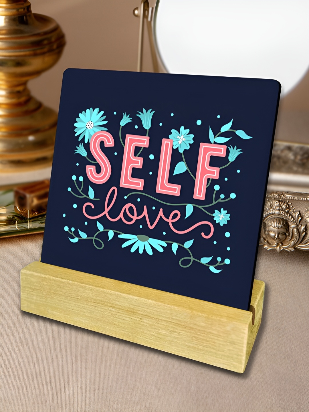 

ArtVibes Blue & Pink Printed Self Love Quotes Wooden Showpiece