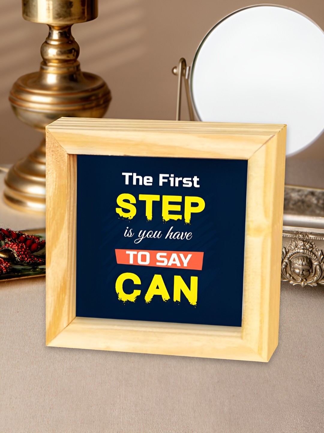 

ArtVibes Blue & Beige The First Step is Quotes Printed Wooden Decor Showpiece