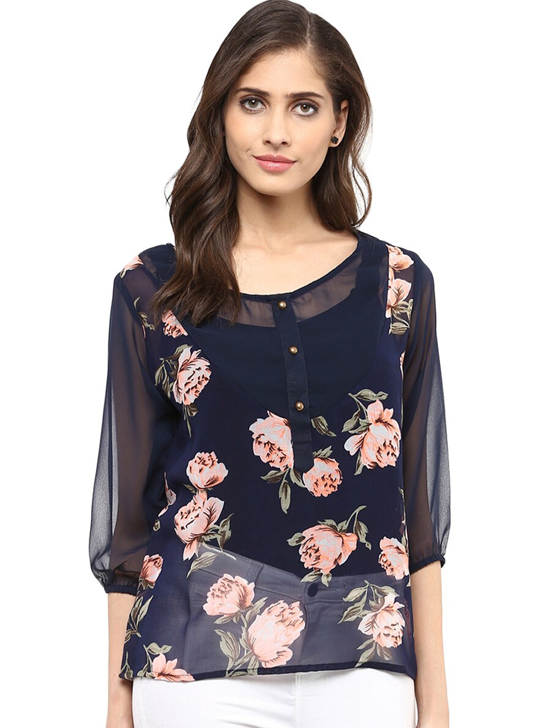 

Zima Leto Floral Printed Round Neck Puff Sleeves Regular Top, Navy blue