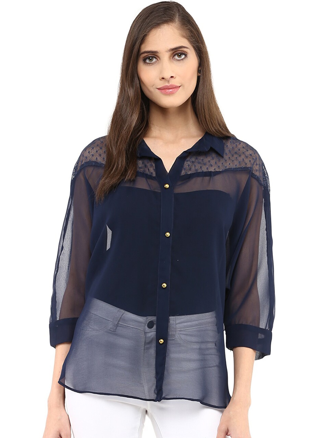 

Zima Leto Georgette Shirt Collar Puff Sleeves Shirt Style Top, Navy blue