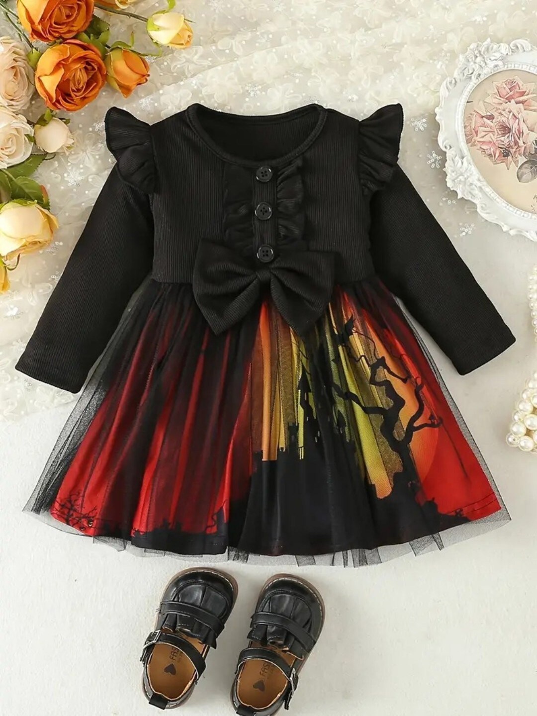 

BAESD Girls Graphic Print Round Neck Long Sleeves Fit & Flare Casual Dress, Black