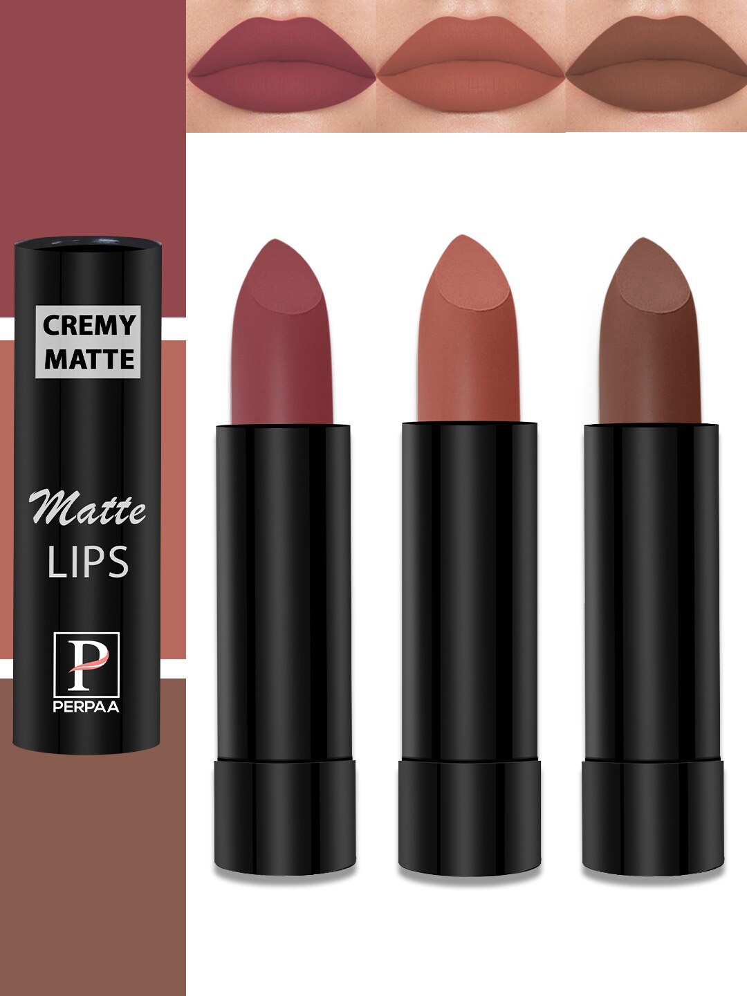 

PERPAA Set Of 3 Cremy Matte Long Lasting Bullet Lipstick - Shades 110-111-62, Brown