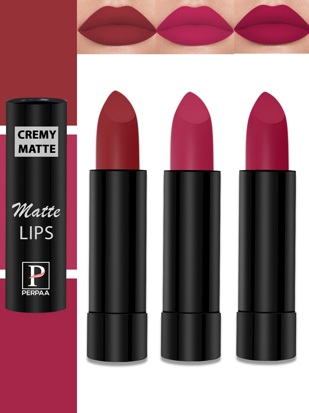 

PERPAA Set Of 3 Cremy Matte Long Lasting Bullet Lipstick - Shades 84-86-92, Red