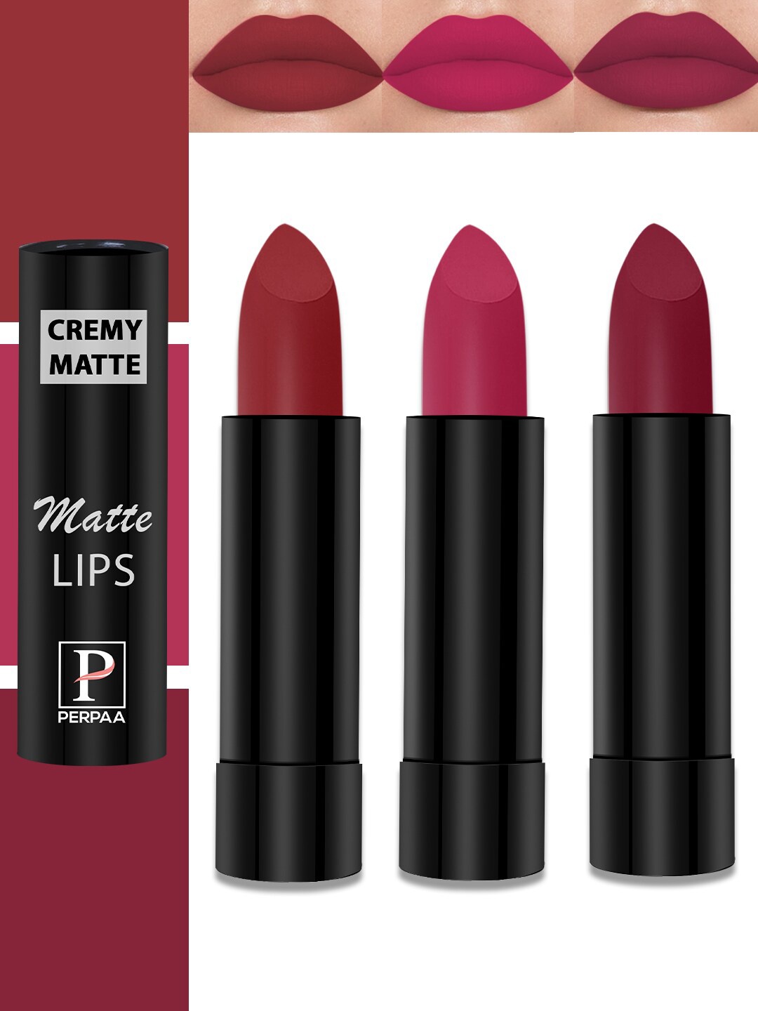 

PERPAA Set Of 3 Cremy Matte Long Lasting Texture Bullet Lipstick - 3.5 g Each-86-87-92, Red