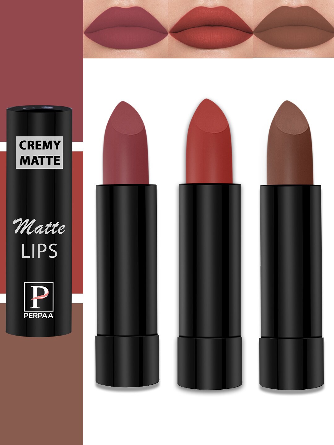 PERPAA Cremy Matte Set Of 3 Long Lasting Lipstick - 3.5g Each- Red Rush-Nude -Red Bloom, Multi
