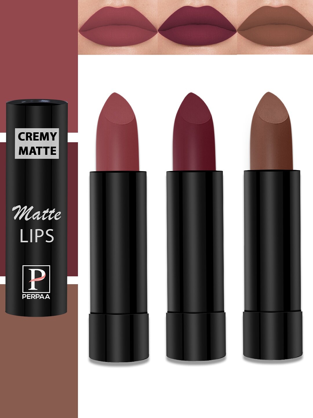 

PERPAA Set Of 3 Creamy Matte Long Lasting Jojoba Oil Lipstick- 3.5 g Each- 110-111-96, Brown