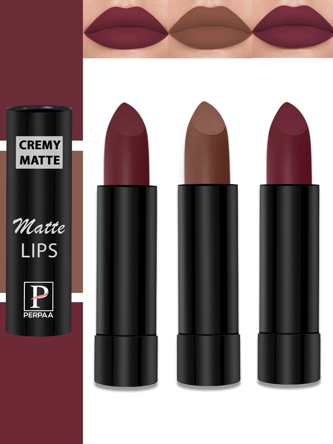 

PERPAA Set Of 3 Cremy Matte Long Lasting Jojoba Oil Lipsticks - 3.5 g Each- 95-96-111, Brown