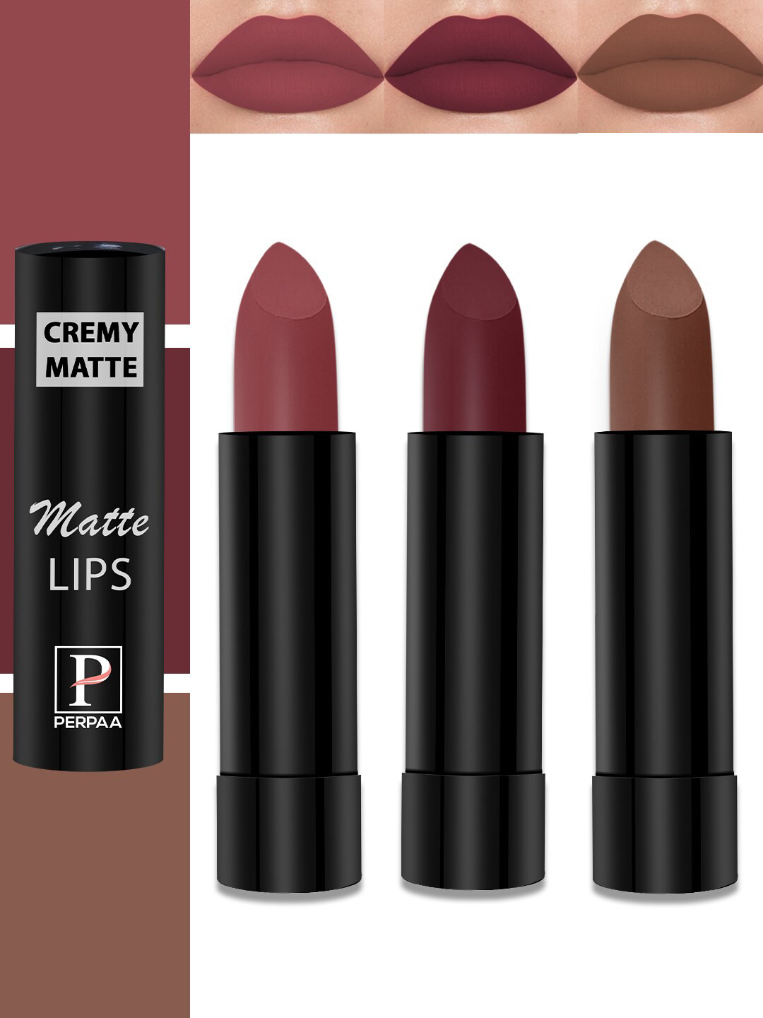 

PERPAA Cremy Matte Set Of 3 Lipstick With Jojoba Oil- 3.5g Each-Red Rush-Nude -Maroon, Multi