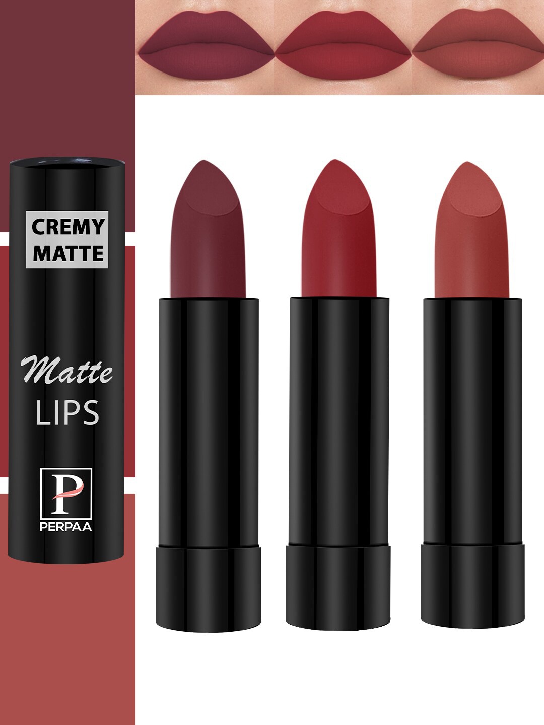 PERPAA Cremy Matte Set Of 3 Lipstick With Jojoba Oil- 3.5g Each-Rust-Tan Red-Crimson Red, Multi