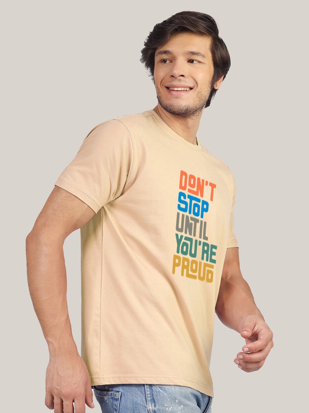 

Greylongg Typography Printed Round Neck T-shirt, Beige
