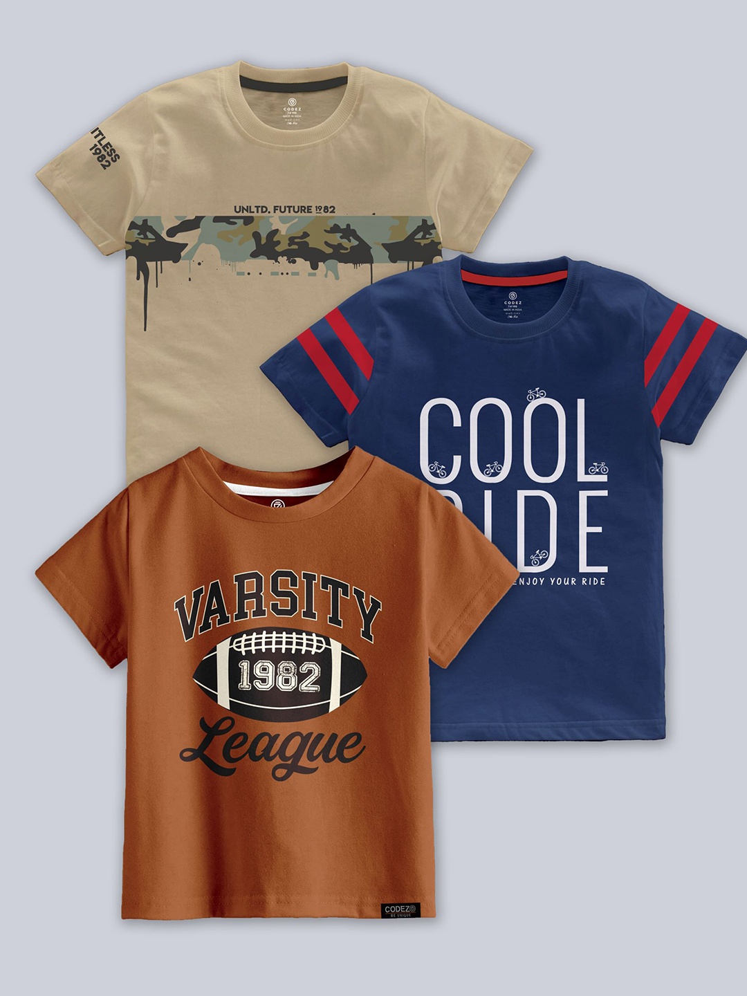 

CODEZ Boys Pack Of 3 Typographic Printed Cotton T-shirts, Beige