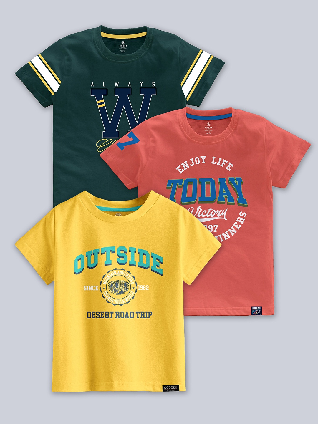 

CODEZ Boys Pack Of 3 Typographic Printed Cotton T-shirts, Yellow