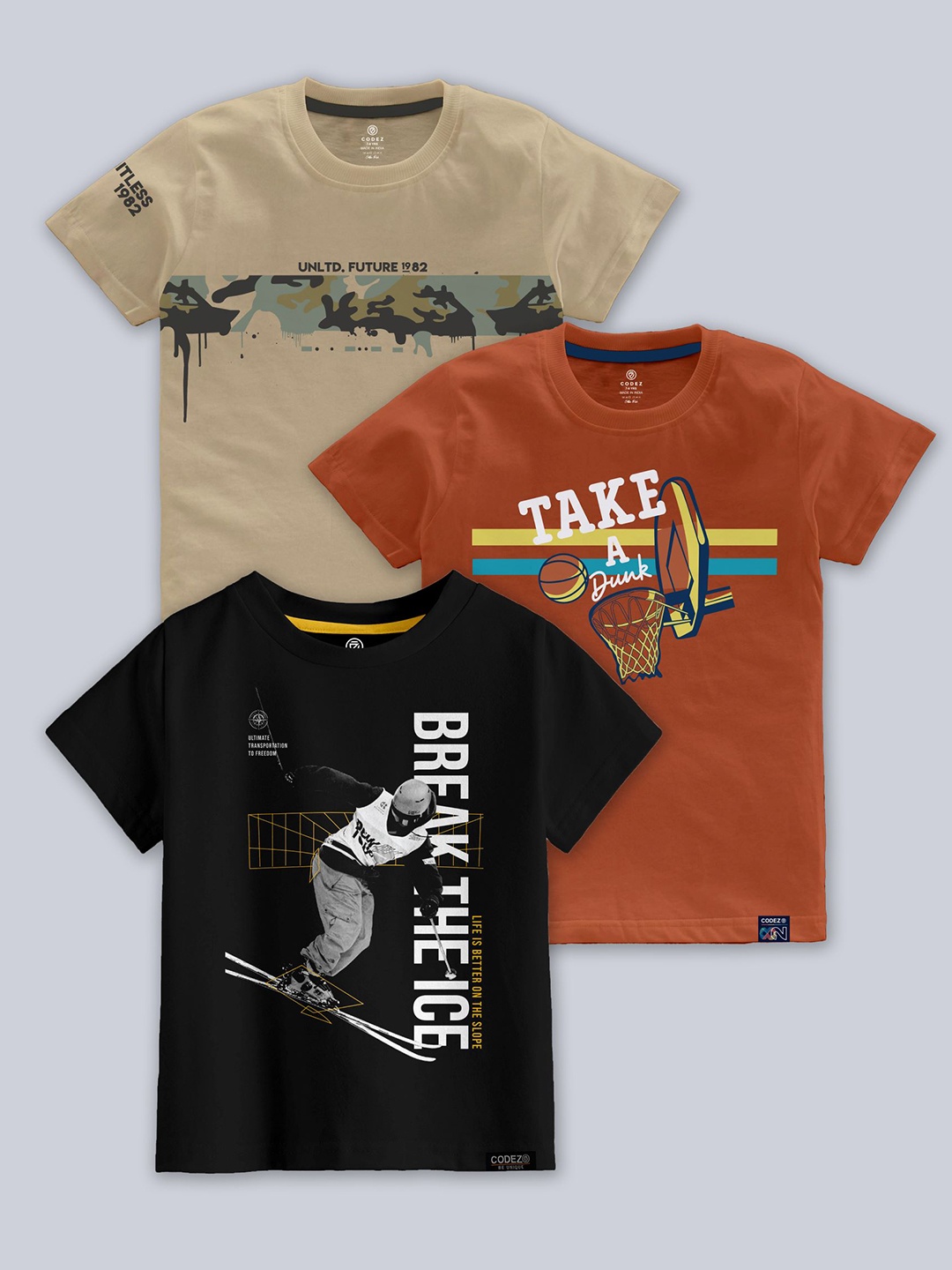 

CODEZ Boys Pack Of 3 Typographic Printed Cotton T-shirts, Beige