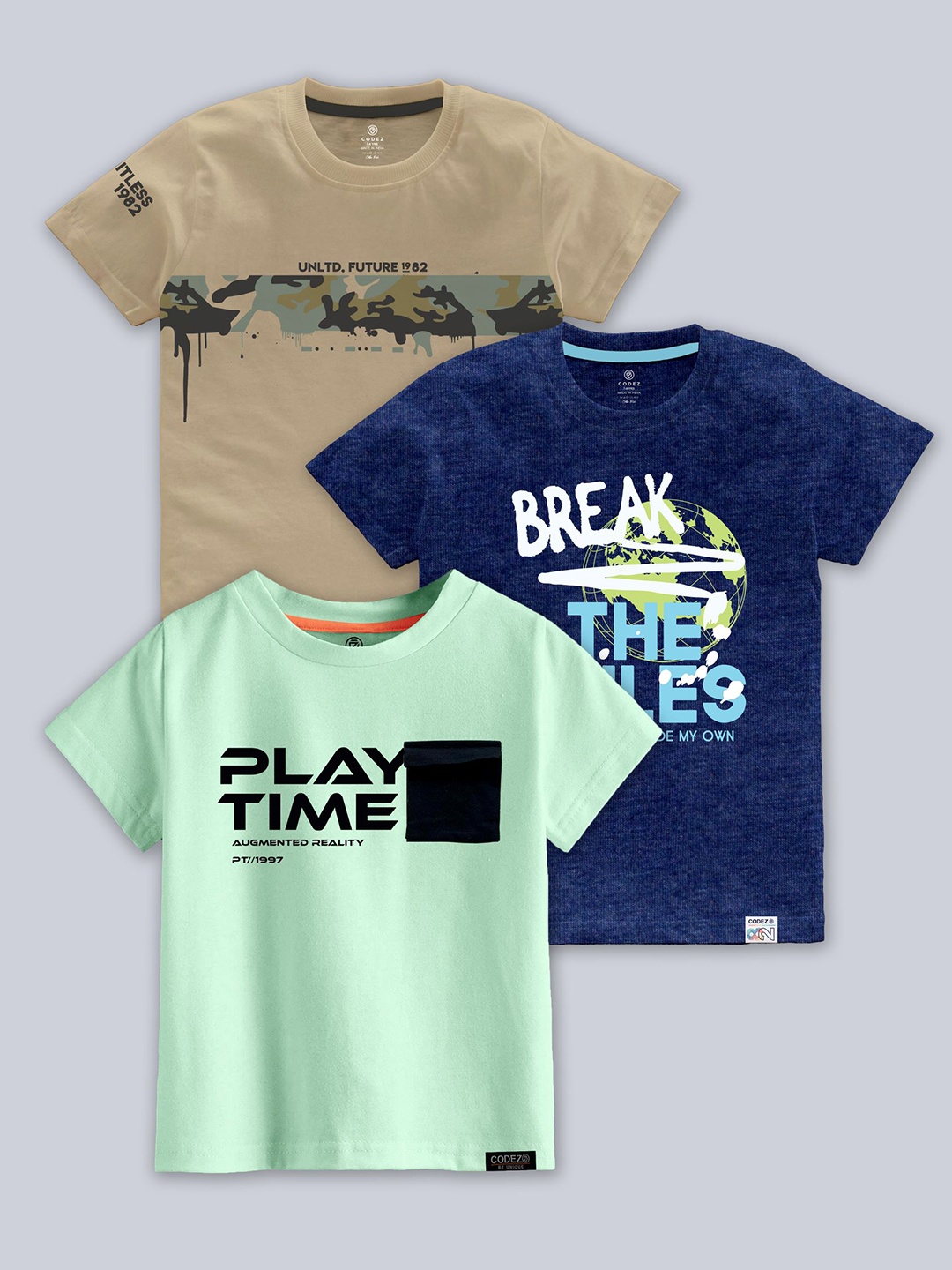 CODEZ Boys Pack Of 3 Typographic Printed Cotton T-shirts, Blue