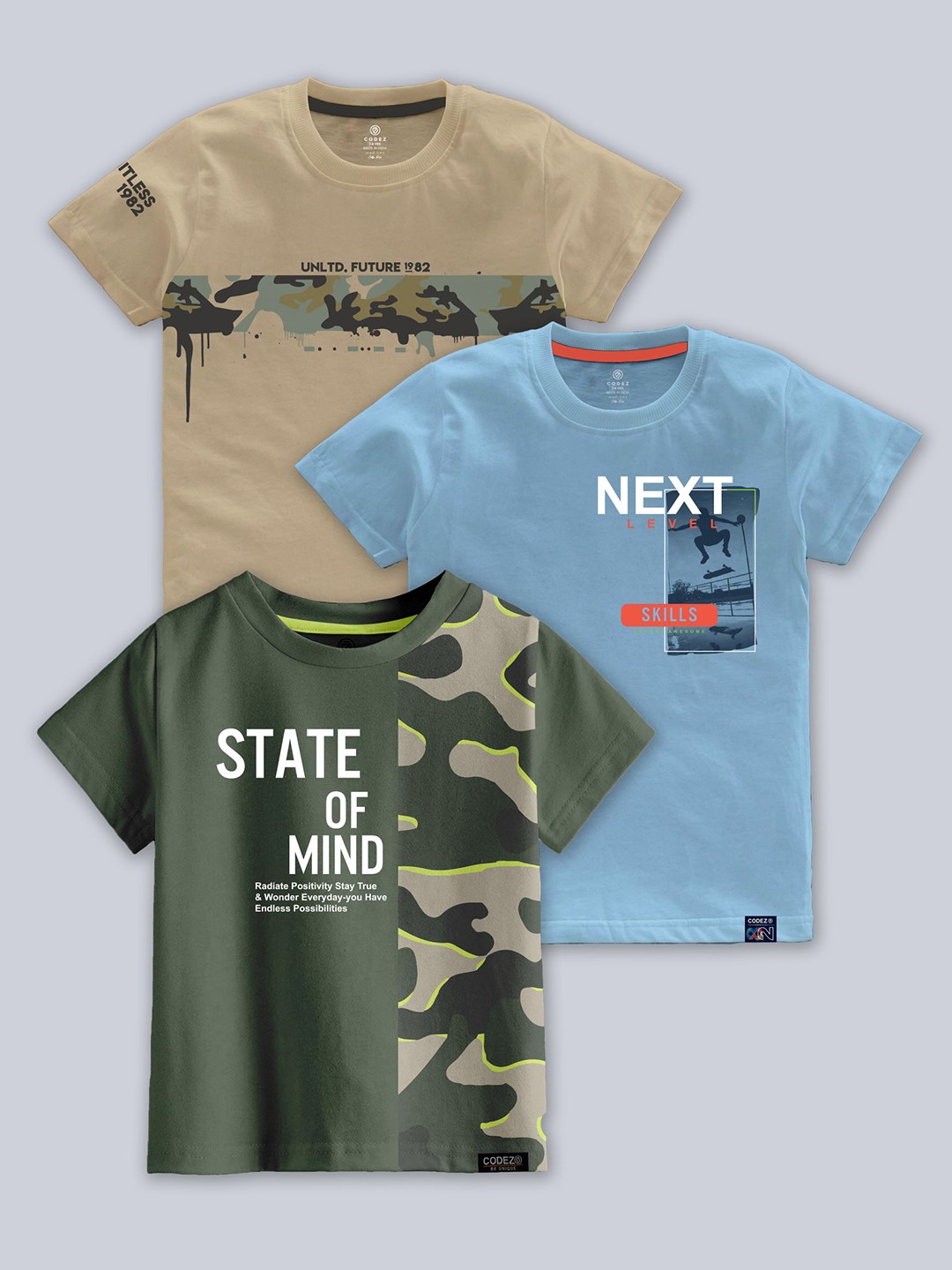 

CODEZ Boys Pack Of 3 Typographic Printed Cotton T-shirts, Beige