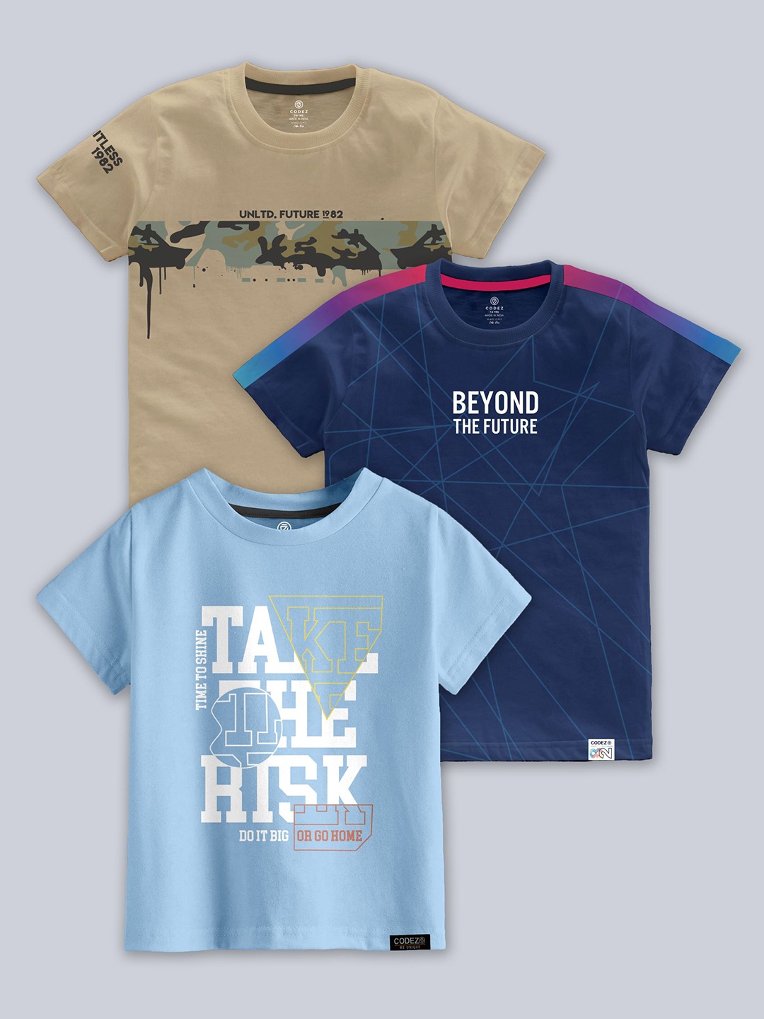

CODEZ Boys Pack Of 3 Typographic Printed Cotton T-shirts, Beige