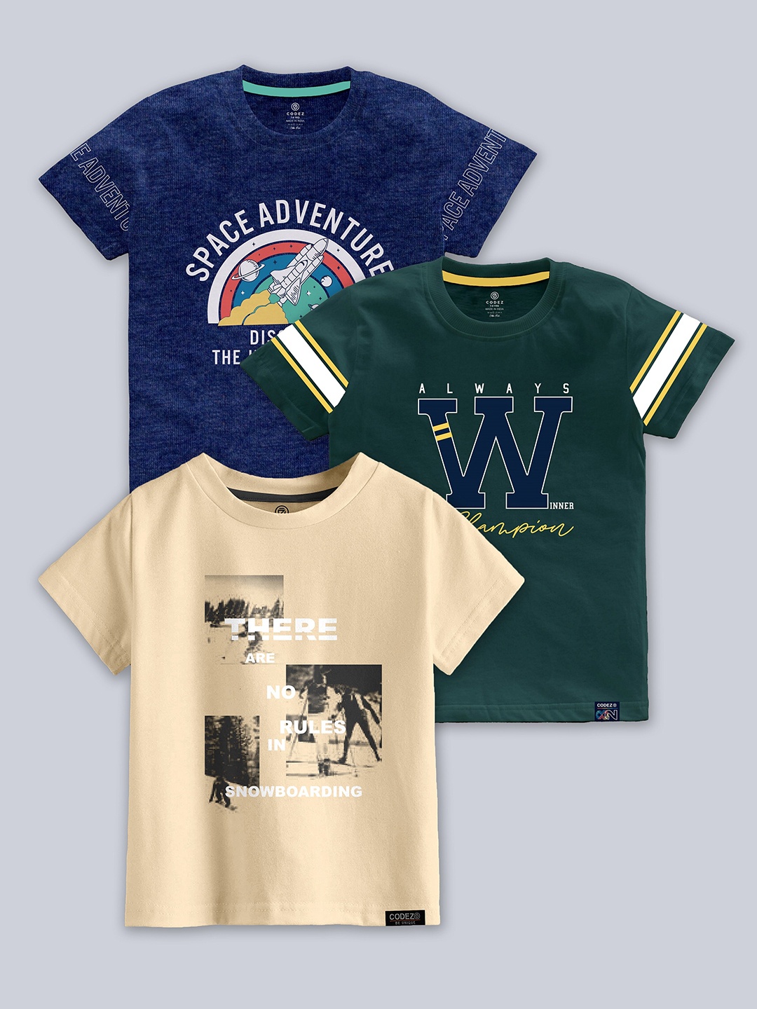 

CODEZ Boys Pack Of 3 Typographic Printed Cotton T-shirts, Blue