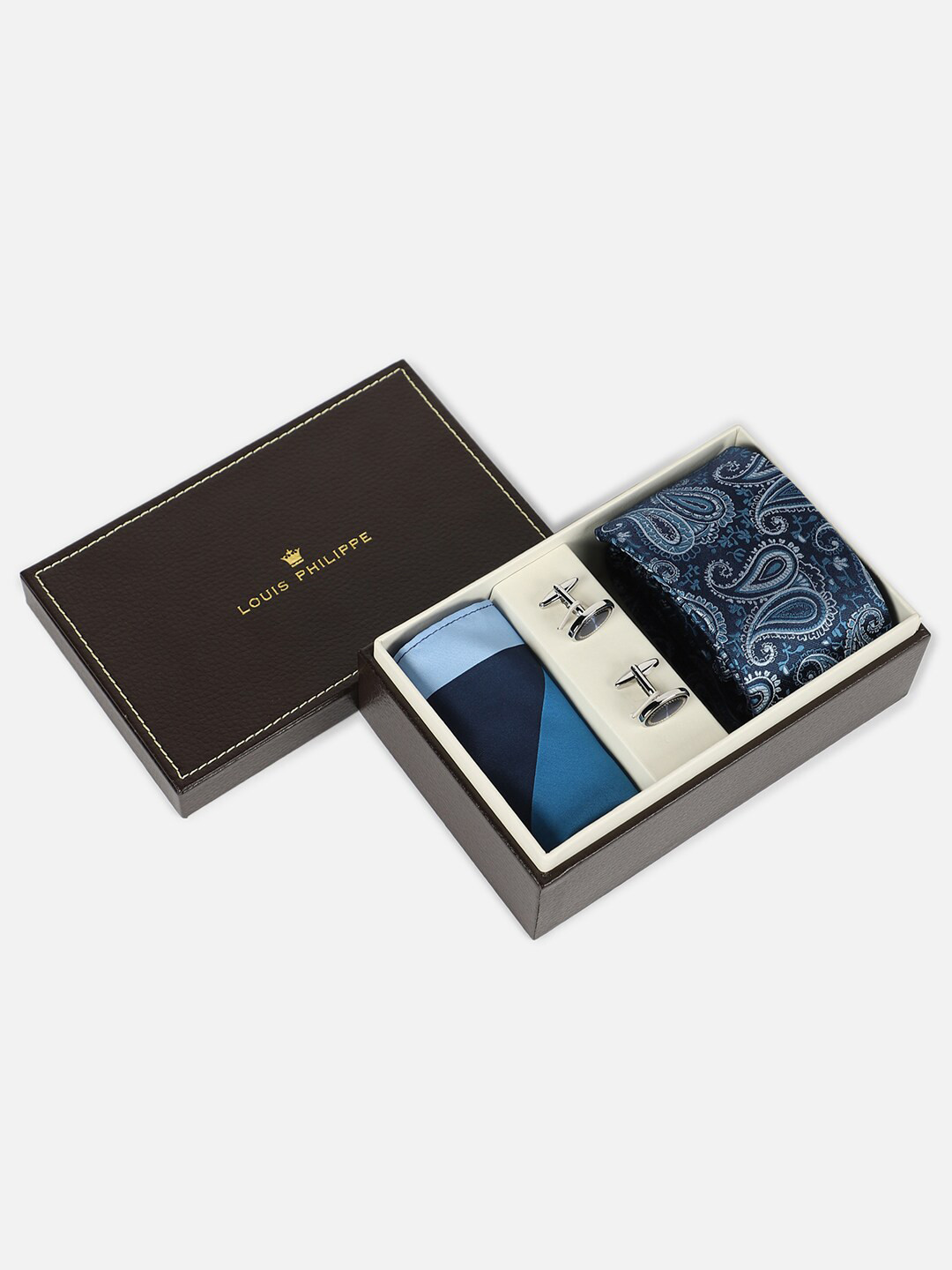 

Louis Philippe Men Embroidered Tie Pocket Square And Cufflink Accessory Gift Set, Blue
