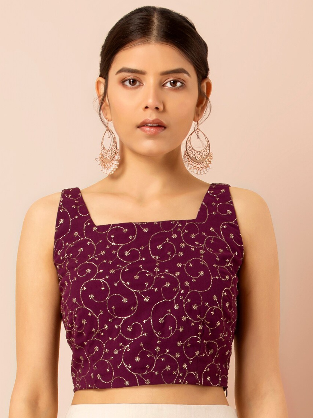 

INDYA Ethnic Motifs Embroidered Crop Top, Purple
