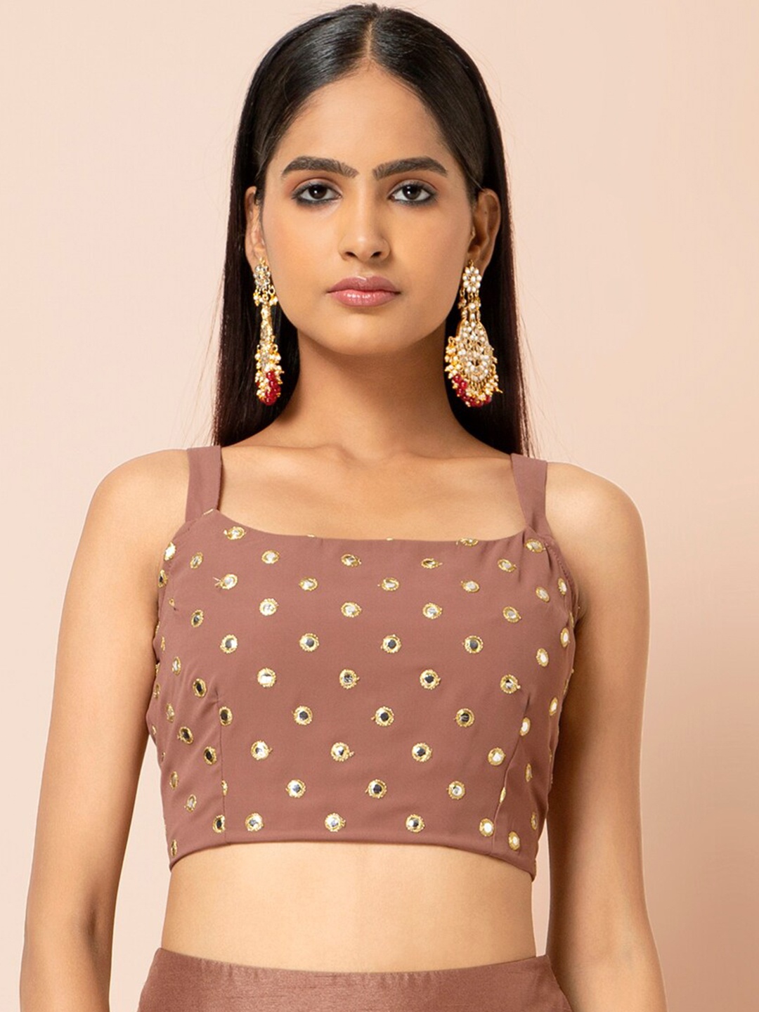 INDYA Mirror Work Strappy Blouse, Pink