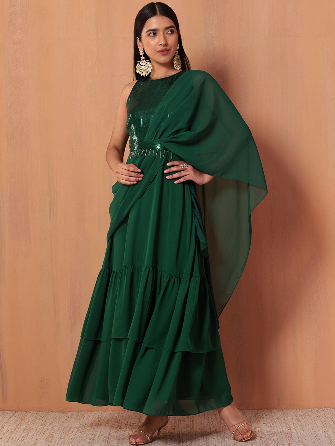 

INDYA Ready To Wear Saree With Attached Sequinned Blouse & Belt, Green