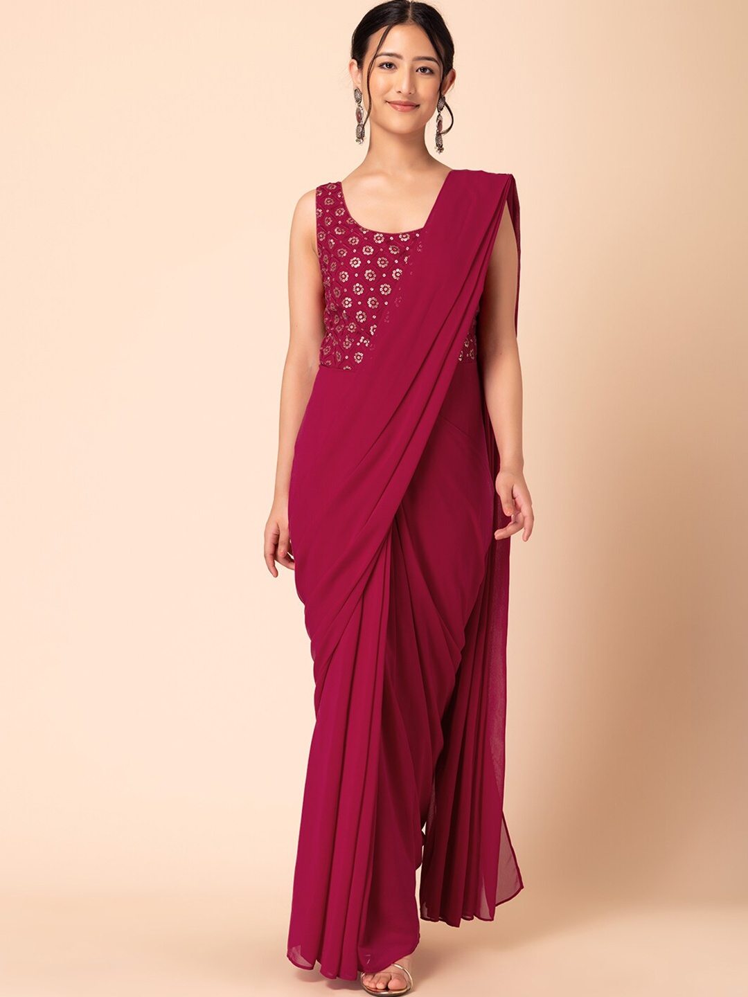 

INDYA Ready To Wear Saree With Attached Sequin Embroidered Blouse, Pink