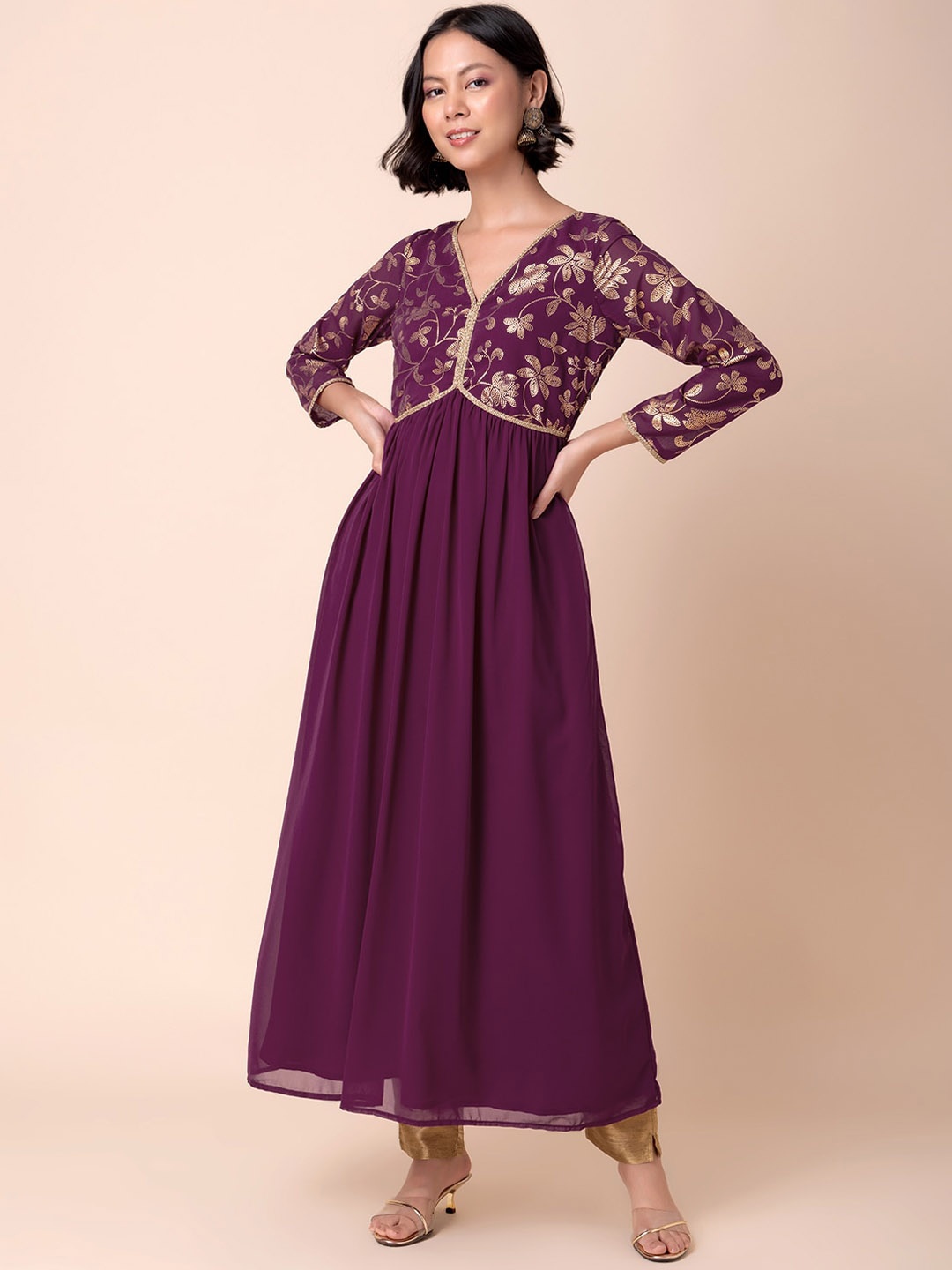 INDYA Foil-Printed A-Line Kurta, Purple