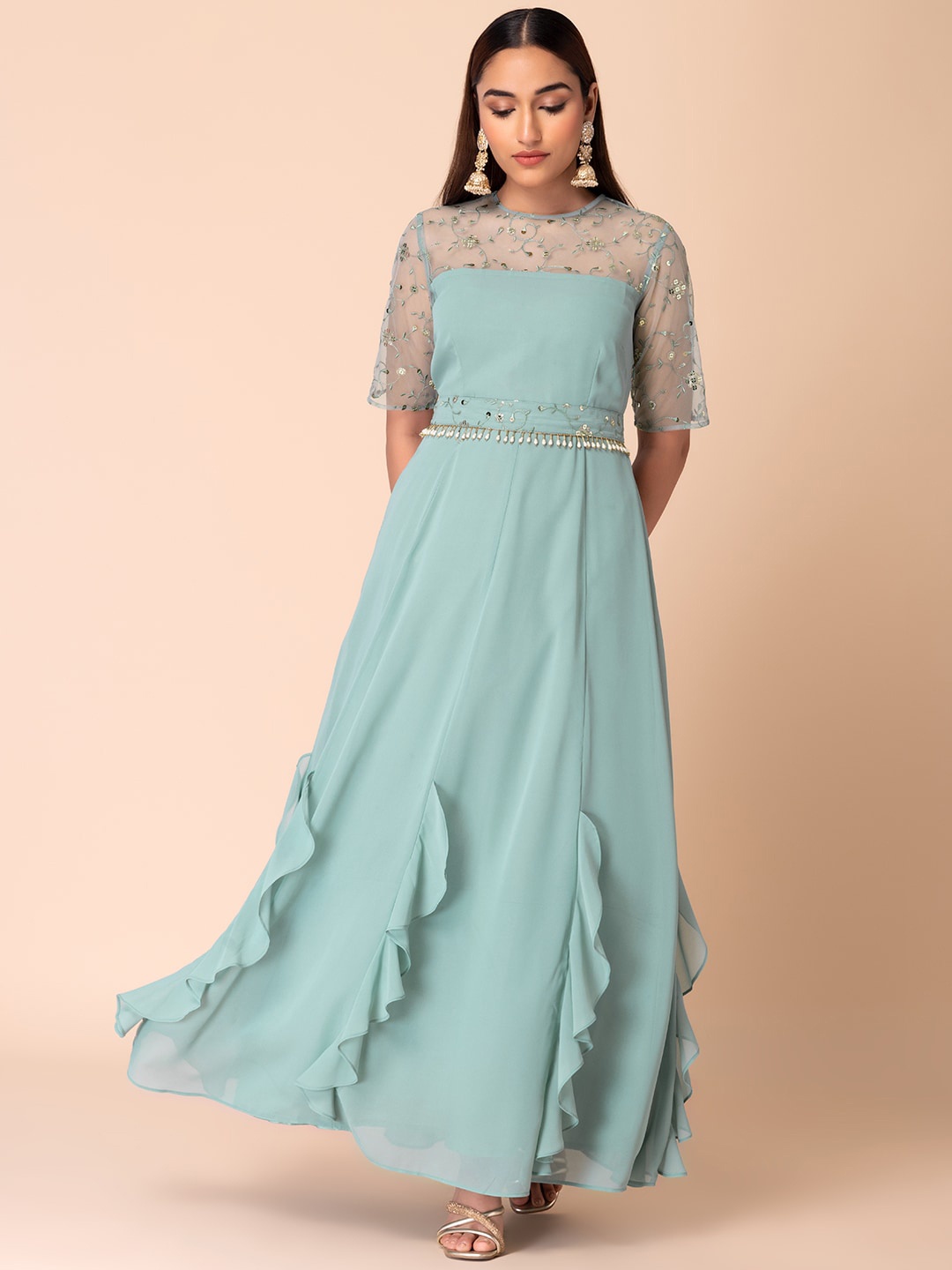 

INDYA Embellished Sequined Maxi Ethnic Dress With Belt, Green
