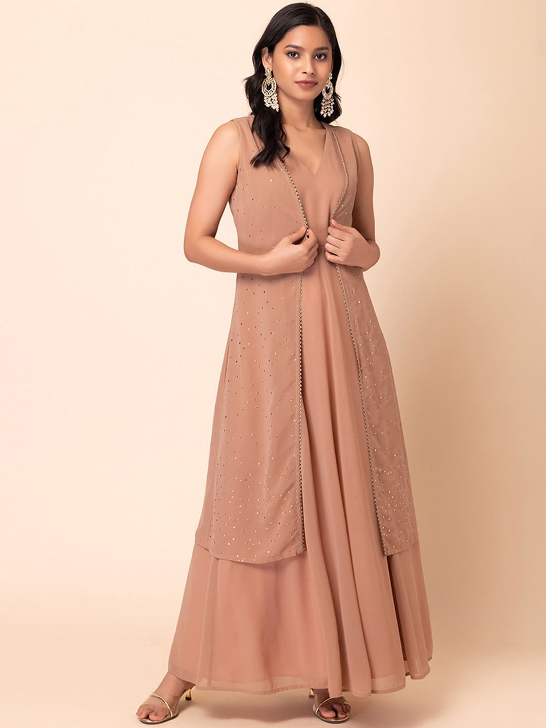 

INDYA V-Neck Fit & Flare Ethnic Dress With Foil Printed Jacket, Pink
