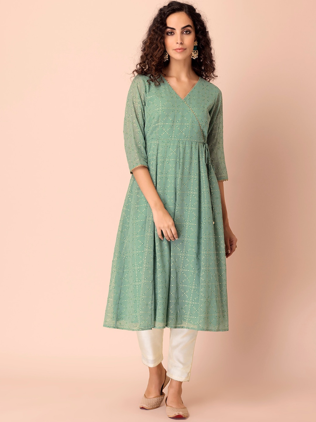 

INDYA Printed Angrakha Kurta, Green