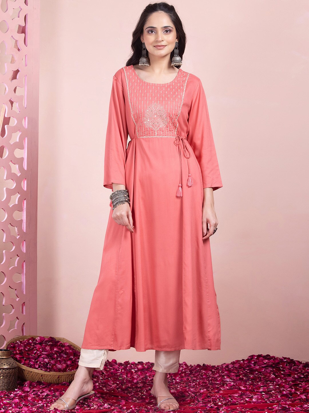 

INDYA Embroidered Anarkali Kurta, Peach