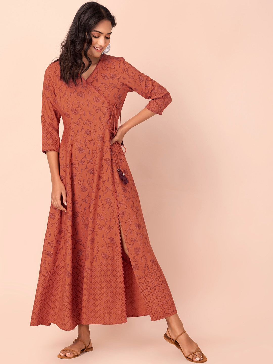 INDYA Printed Angrakha Kurta, Orange