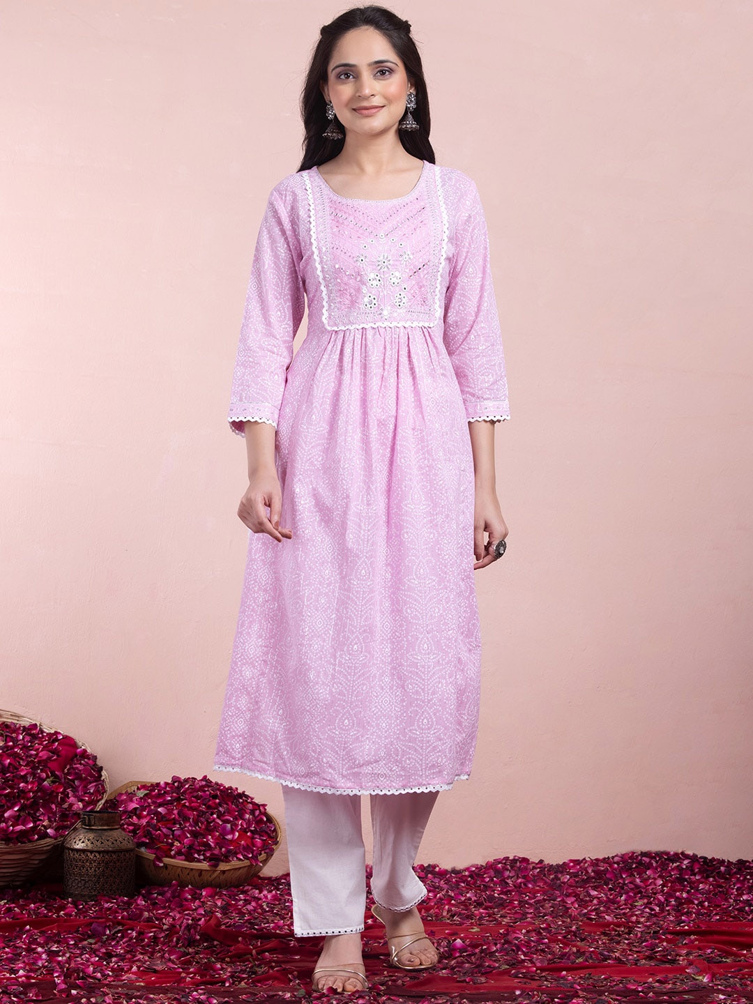 

INDYA Round Neck Embroidered Cotton A-Line Kurta, Pink