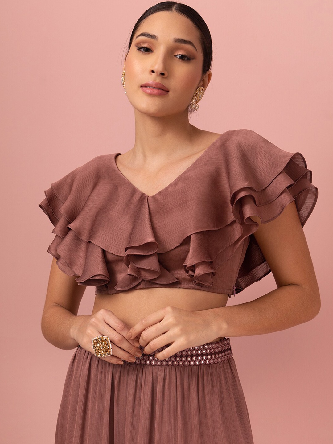 

INDYA V Neck Flared Sleeves Ruffled Crop Top, Pink