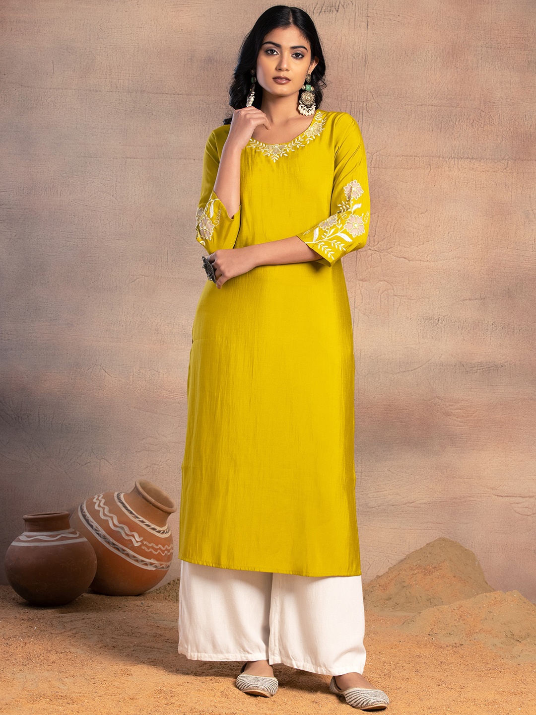 

INDYA Embroidered Straight Kurta, Green