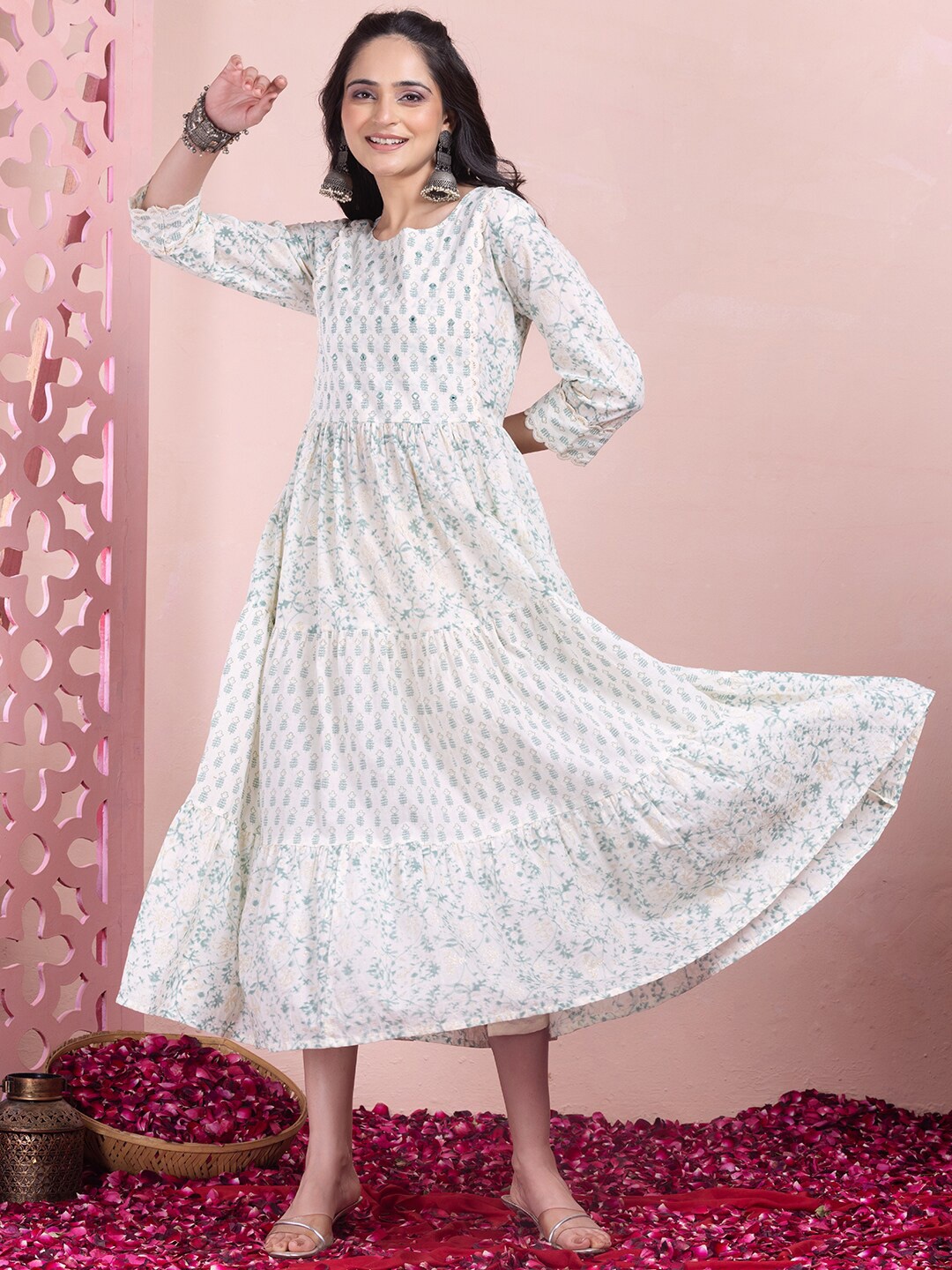 

INDYA Geometric Printed Round Neck Layered Fit and Flare Midi Cotton Dress, White