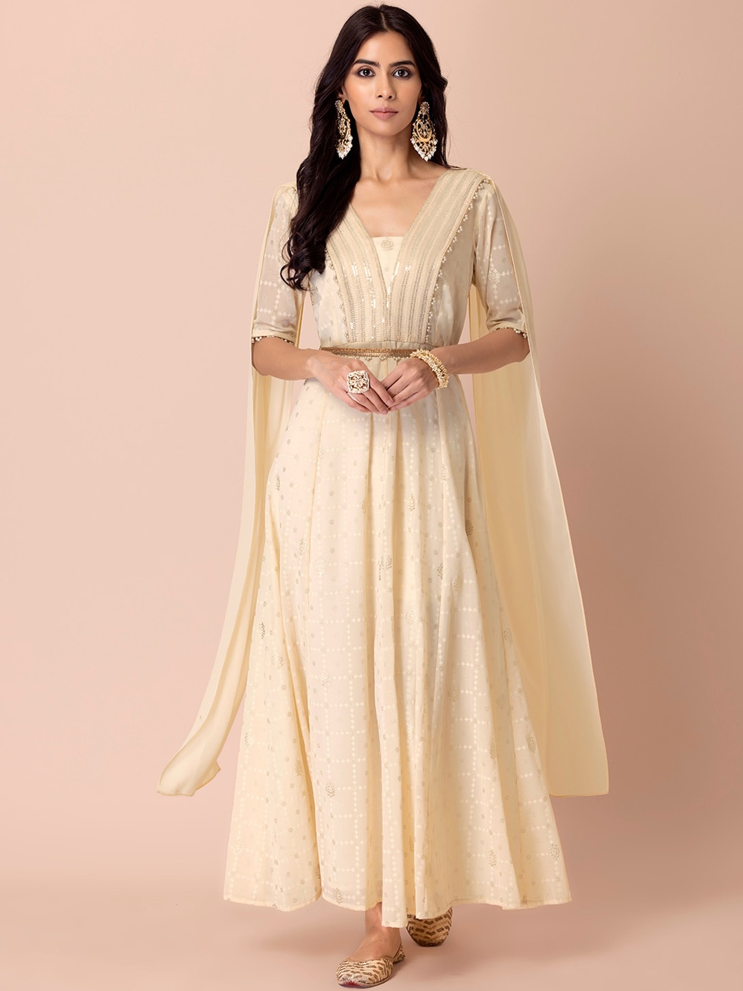 

INDYA Printed Maxi Ethnic Dress With Attached Dupatta & Belt, White