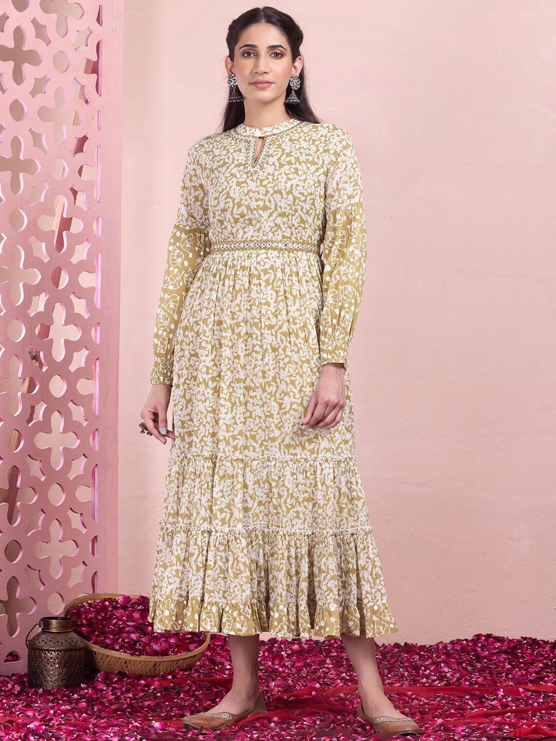 

INDYA Floral Printed Pure Cotton Tiered Ethnic Dress, Olive