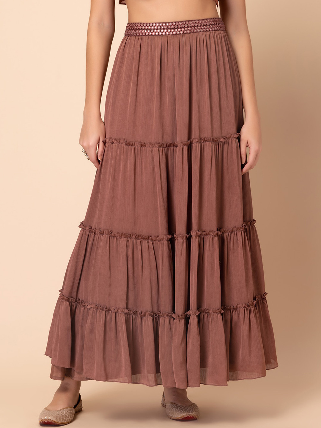 

INDYA Embroidered Tiered Maxi Skirt, Pink