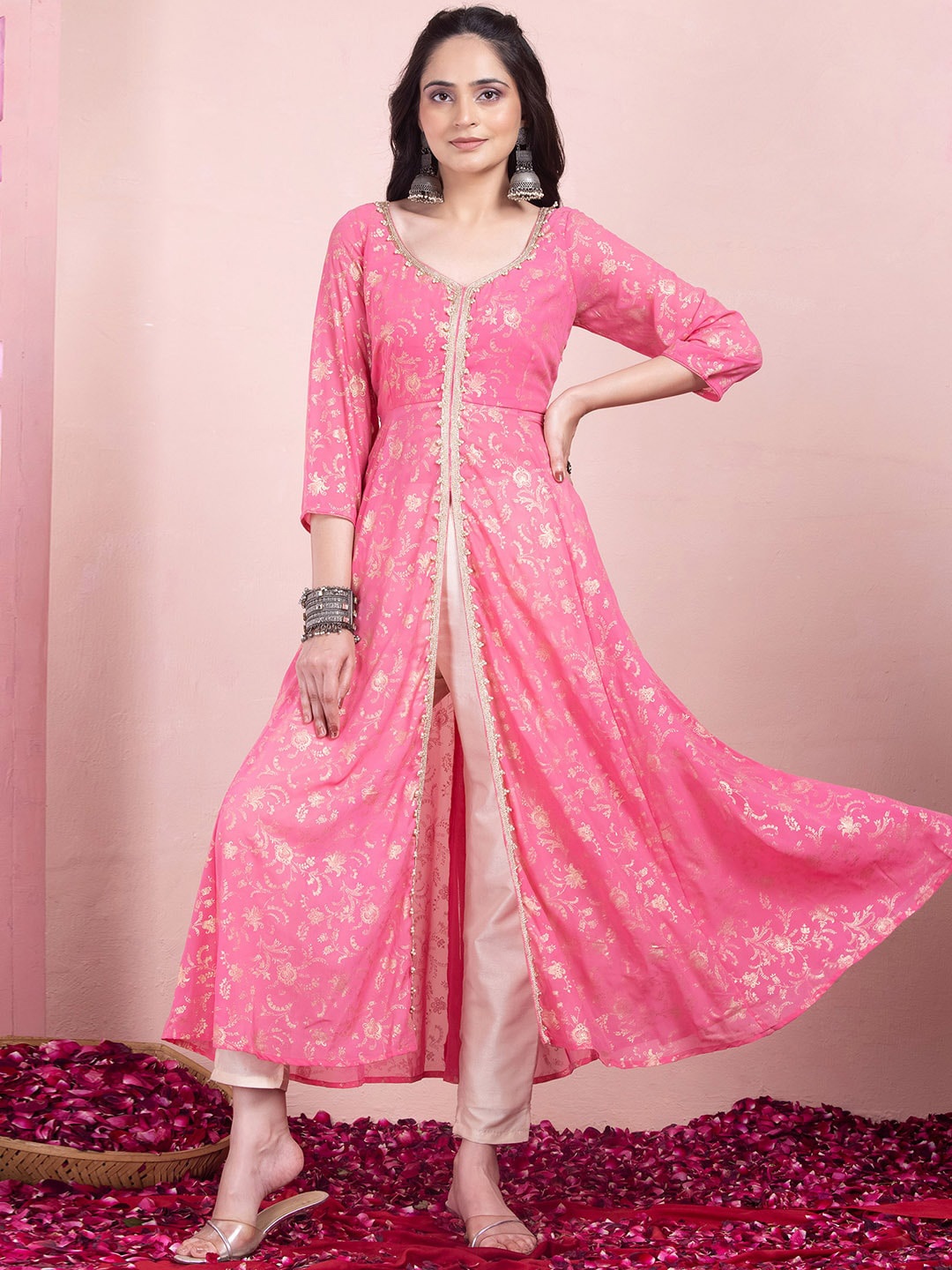 

INDYA Foil-Printed High Slit Kurta, Pink