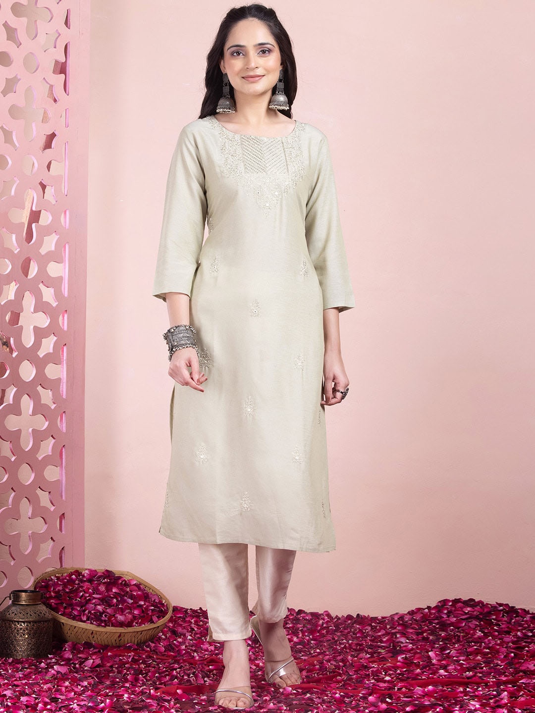 

INDYA Printed Anarkali Kurta, Green