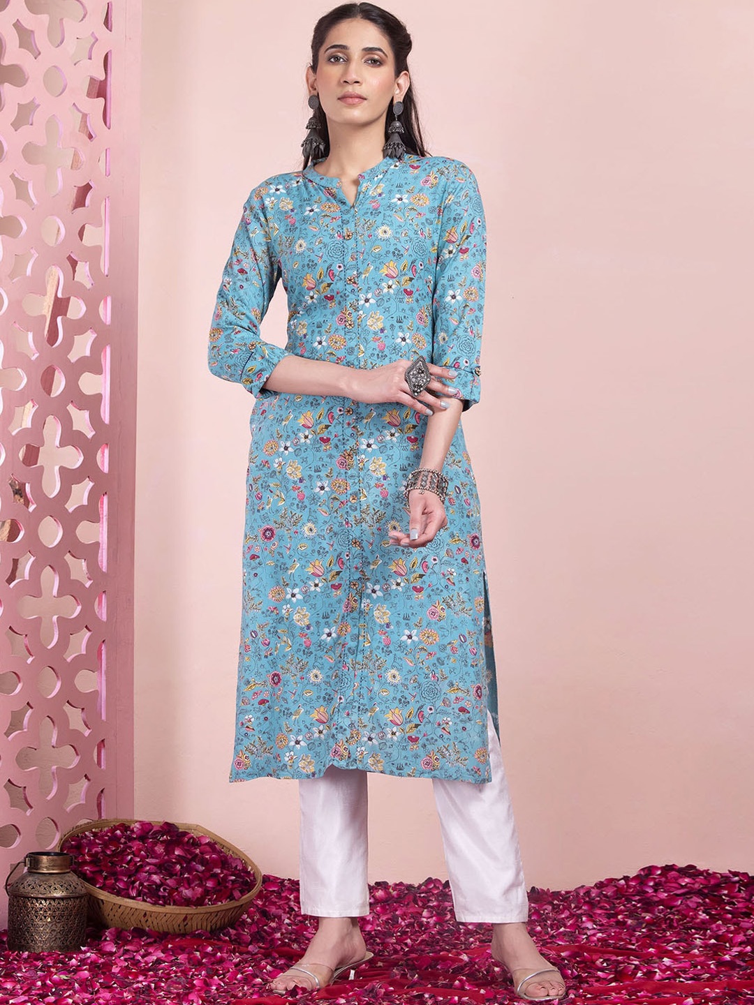 

INDYA Floral-Printed Mandarin Collar A-Line Kurta, Blue